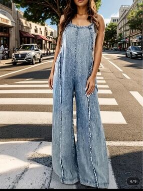 Light Wash Denim Wide-Leg Jumpsuit